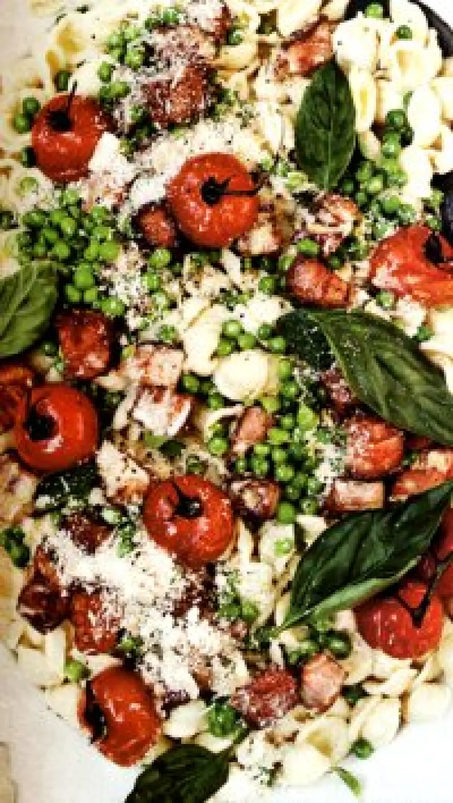 Ricetta facile orecchiette con pomodori, speck e piselli: primo piatto completo di pasta