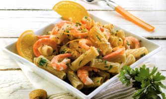 Ricetta pasta con gamberetti, mandorle tritate, scorsa d' arancia: piatto da 335 calorie