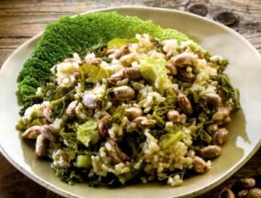 Ricette Riso-Ricetta risotto con fagioli e verza: piatto unico dietetico e vegetariano